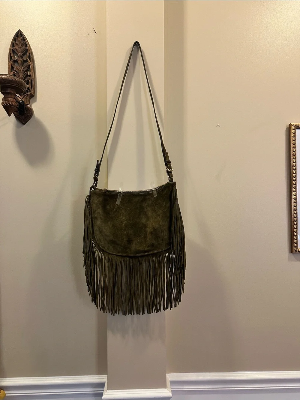 Michael Kors Olive Green Suede Fringe Shoulder Bag